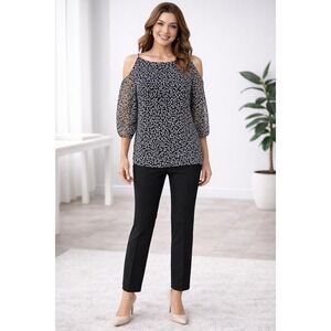 2/$30 L.K. Bennet Blouse Women Sz 6 100% Silk Cold Shoulder Black White Business